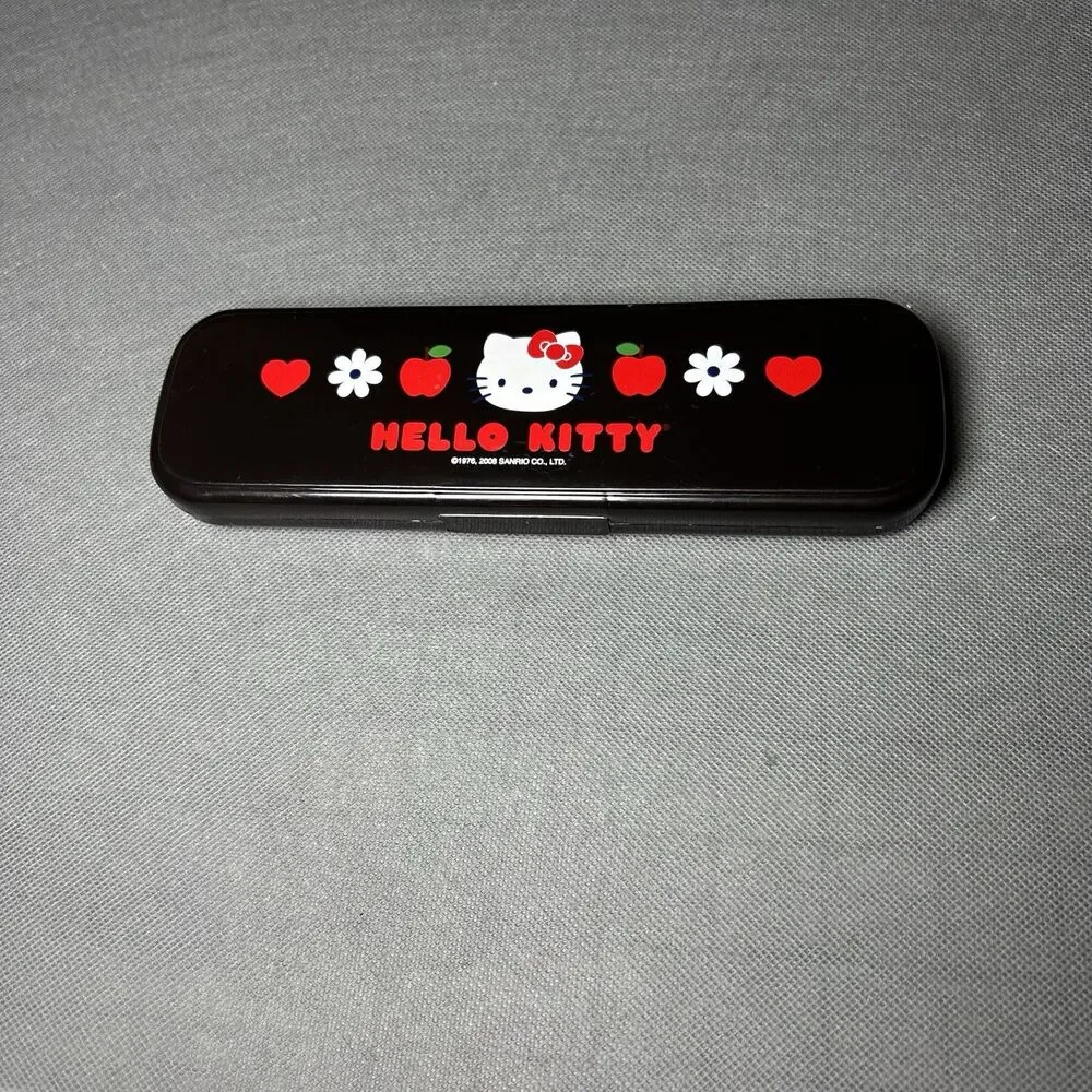 Sanrio Hello Kitty Pencil Case 2008 Black W/Red Apple Heart White Flower-Plastic
